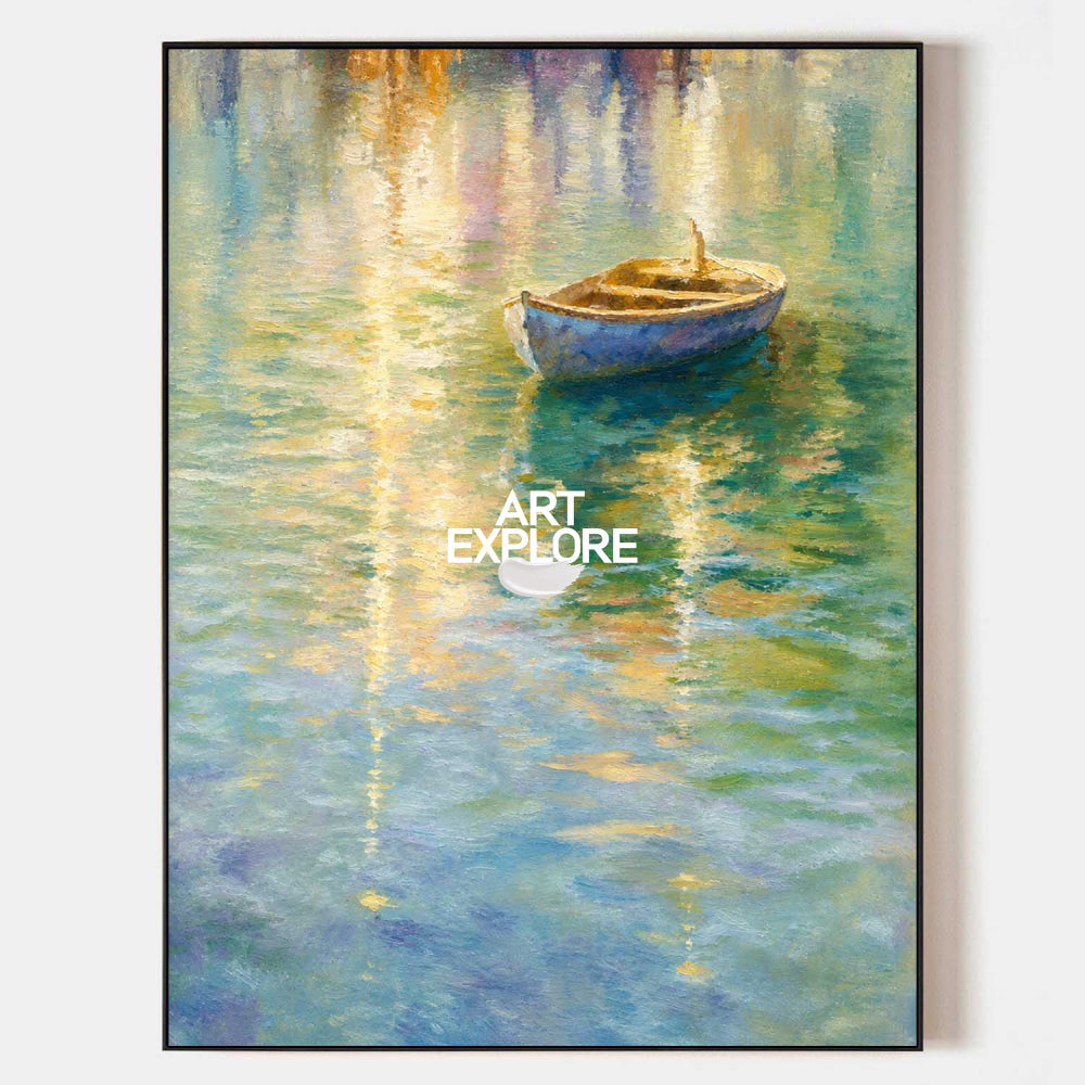 Modern Abstract Rowboat Painting For Living Room With Gold And Blue Tones