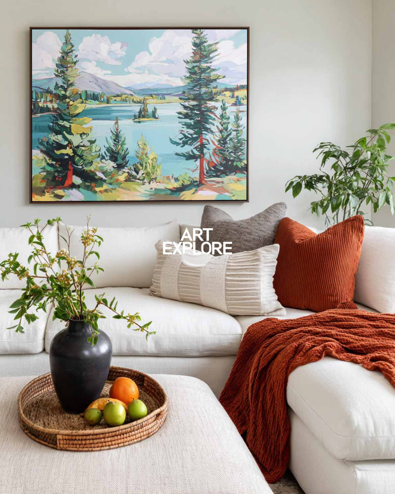 Abstract Green Landscape Painting With Trees And Lake For Modern Living Room Decor