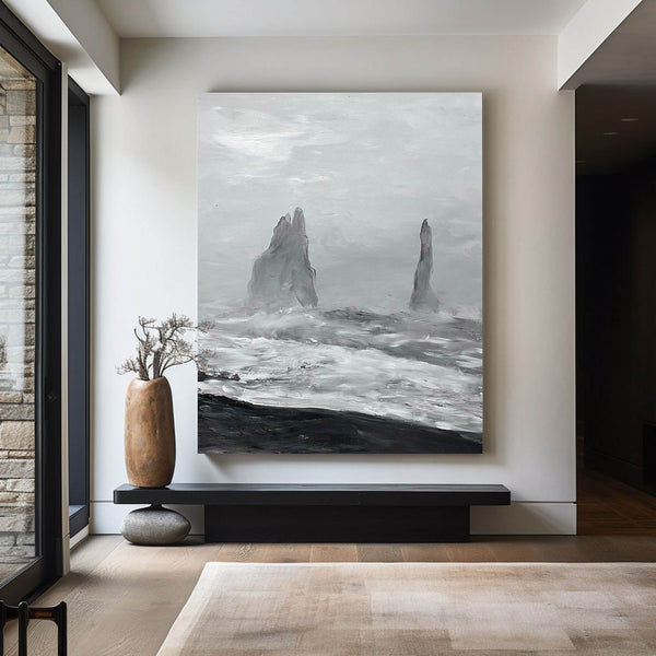 Black And White Sea Shore Oil Painting Large Abstract Ocean Canvas Wall Art Rich Textured Abstract Art Painting