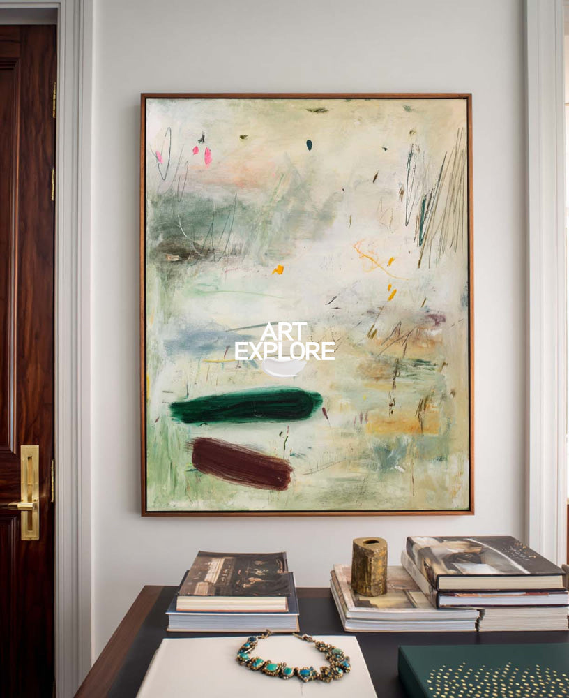 Modern Minimalist Green Abstract Painting Original Oil On Linen Canvas For Living Room Decor