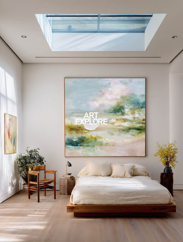 Abstract Estuary Landscape Painting With Soft Blues And Greens For Modern Home Decor