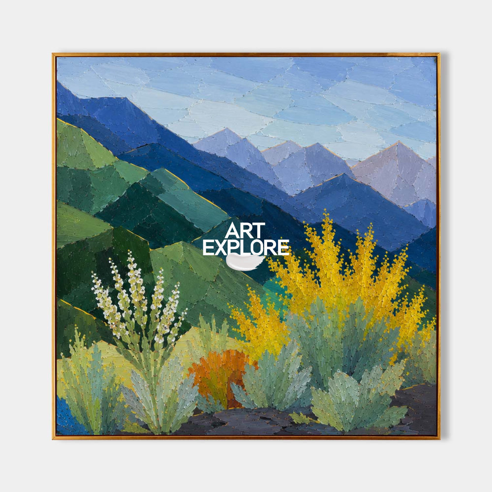 Modern Geometric Mountain Landscape Painting With Textured Blue Green Nature Art For Living Room Decor