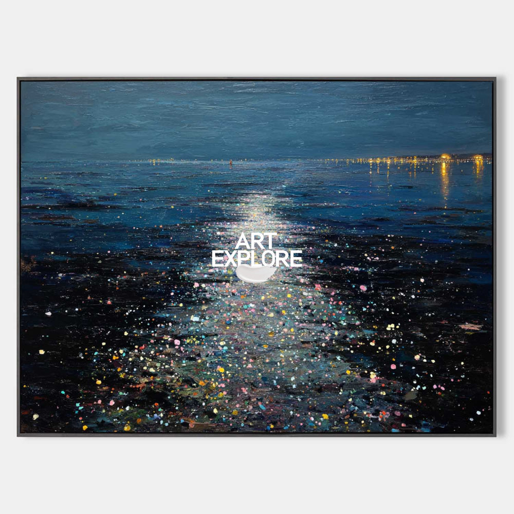 Abstract Ocean Painting With Moonlight Reflections For Modern Home Decor