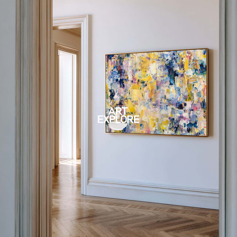 Modern Abstract Oil Painting With Yellow Blue Purple For Living Room Decor