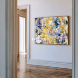 Modern Abstract Oil Painting With Yellow Blue Purple For Living Room Decor