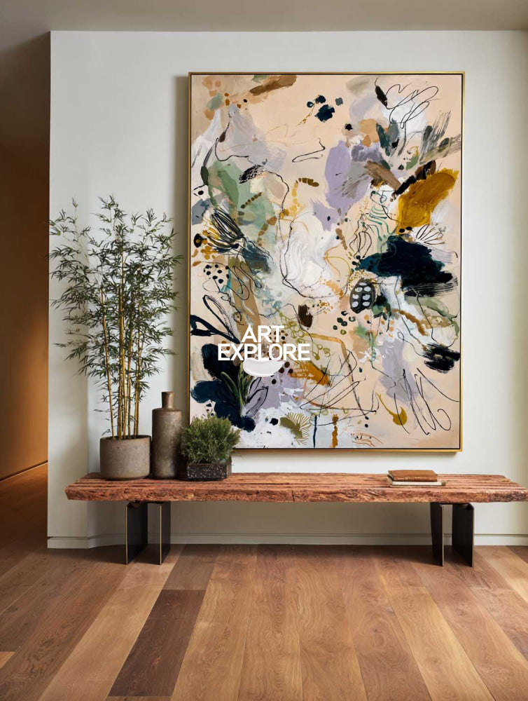Contemporary Abstract Art Painting In Beige And Gold For Modern Living Room Decor