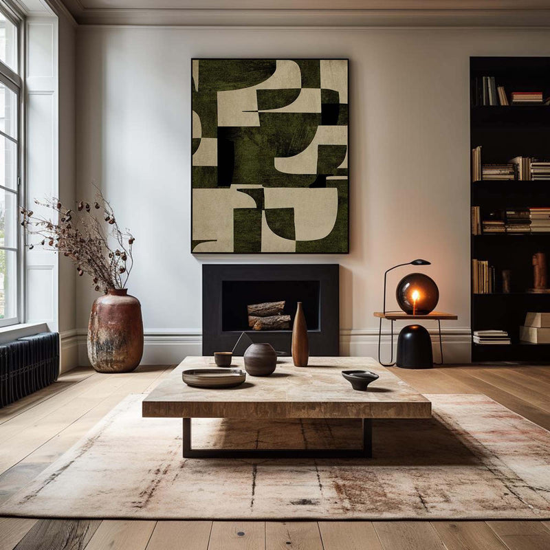 Wabi Sabi Wall Art Green Beige Textured Painting on Canvas Green Minimalist Wall Art For Sale