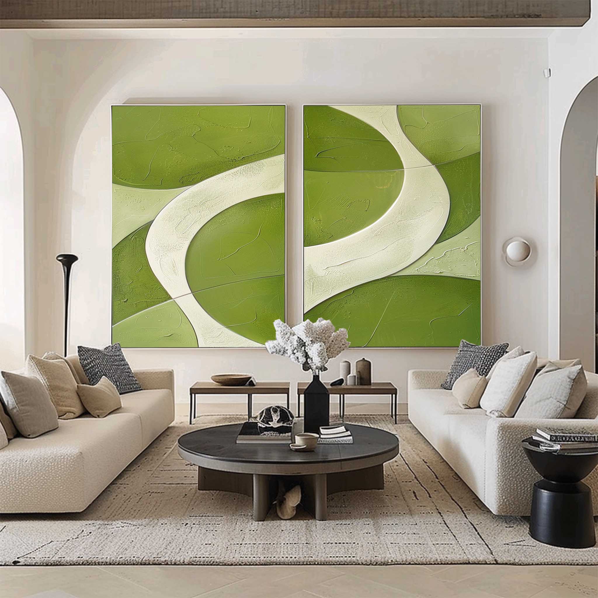 White And Green Diptych Painting 2 piece Minimalist Art Abstract Canvas Wall Art For Living Room
