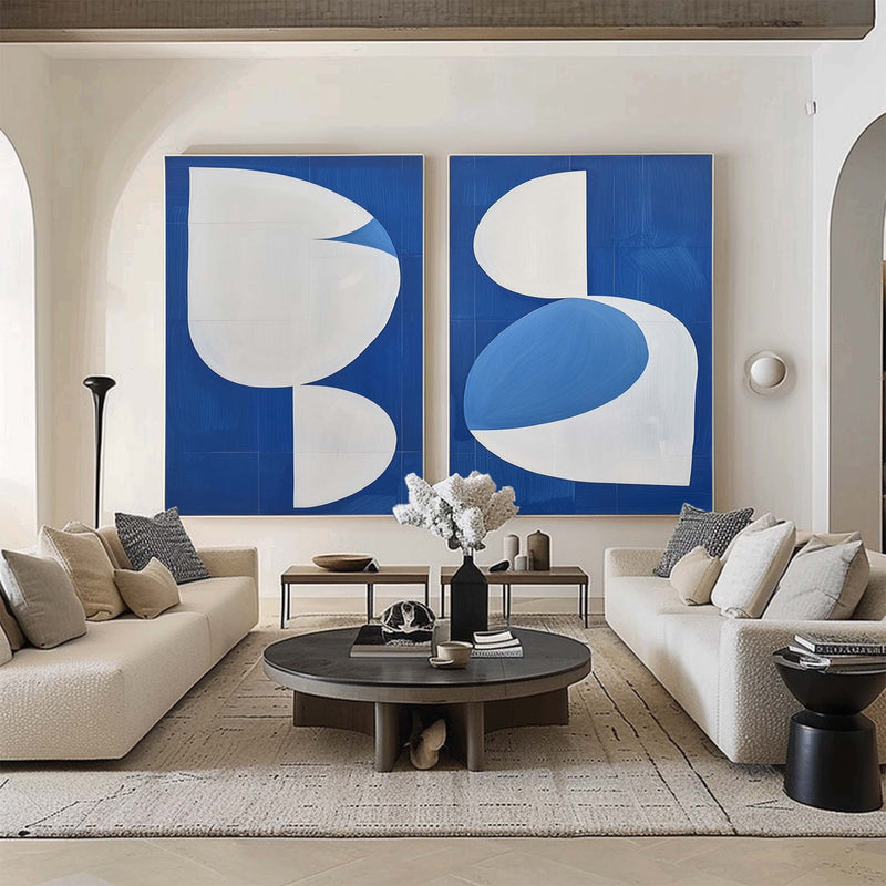 Large Blue And White Abstract Art Diptych Painting 2 piece Geometric Minimalist Art Acrylic Painting On Canvas