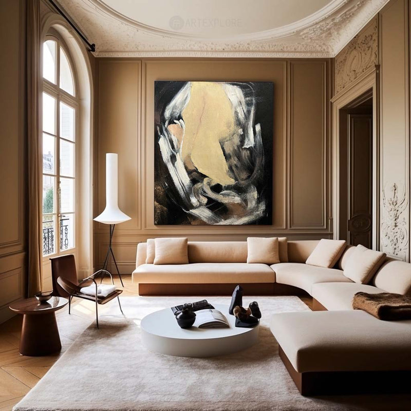 Modern Black Beige Abstract Painting Vintage Canvas Wall Art Black Beige Minimalist Abstract Art 