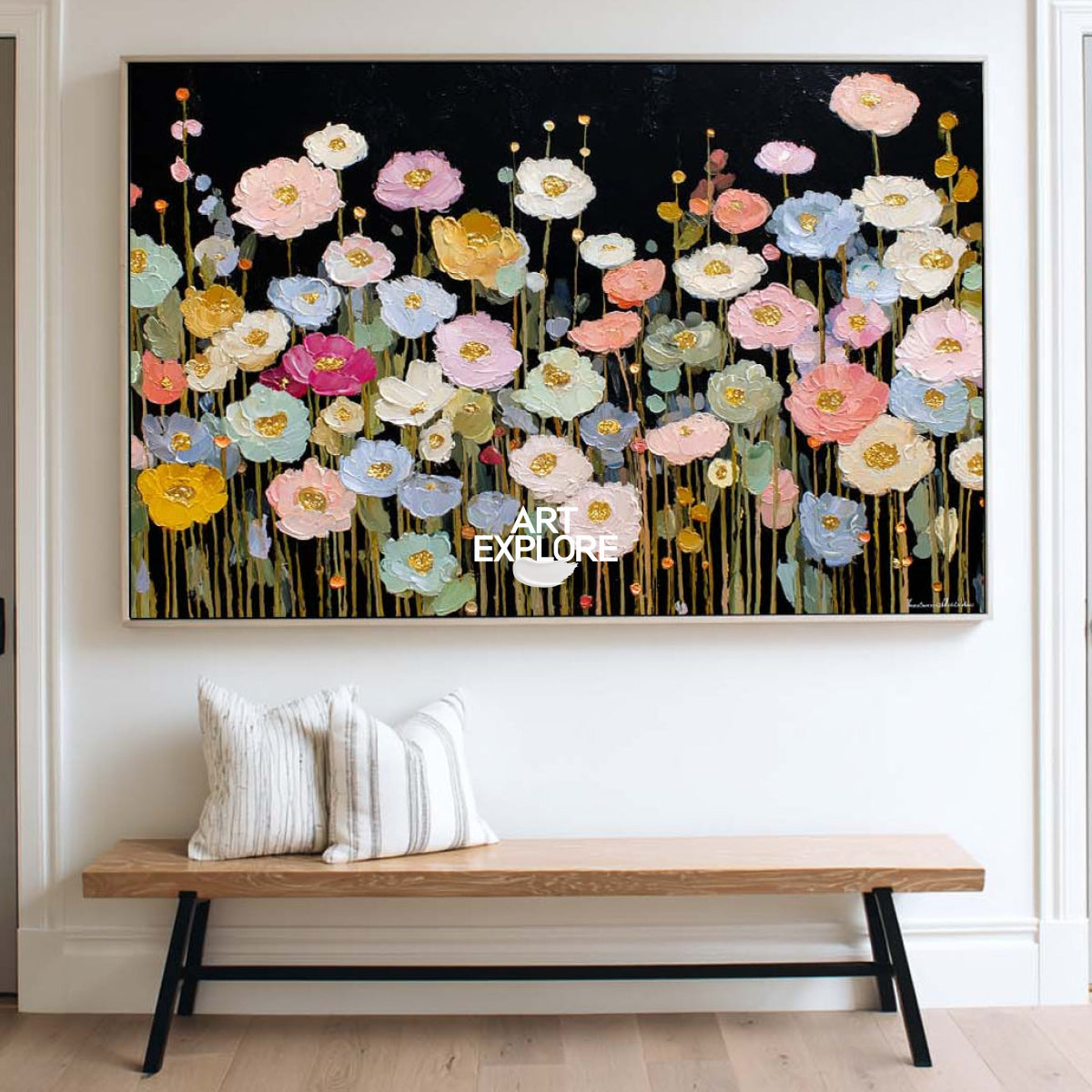 Modern Abstract Floral Painting With Gold Accents On Black Canvas For Living Room Decor