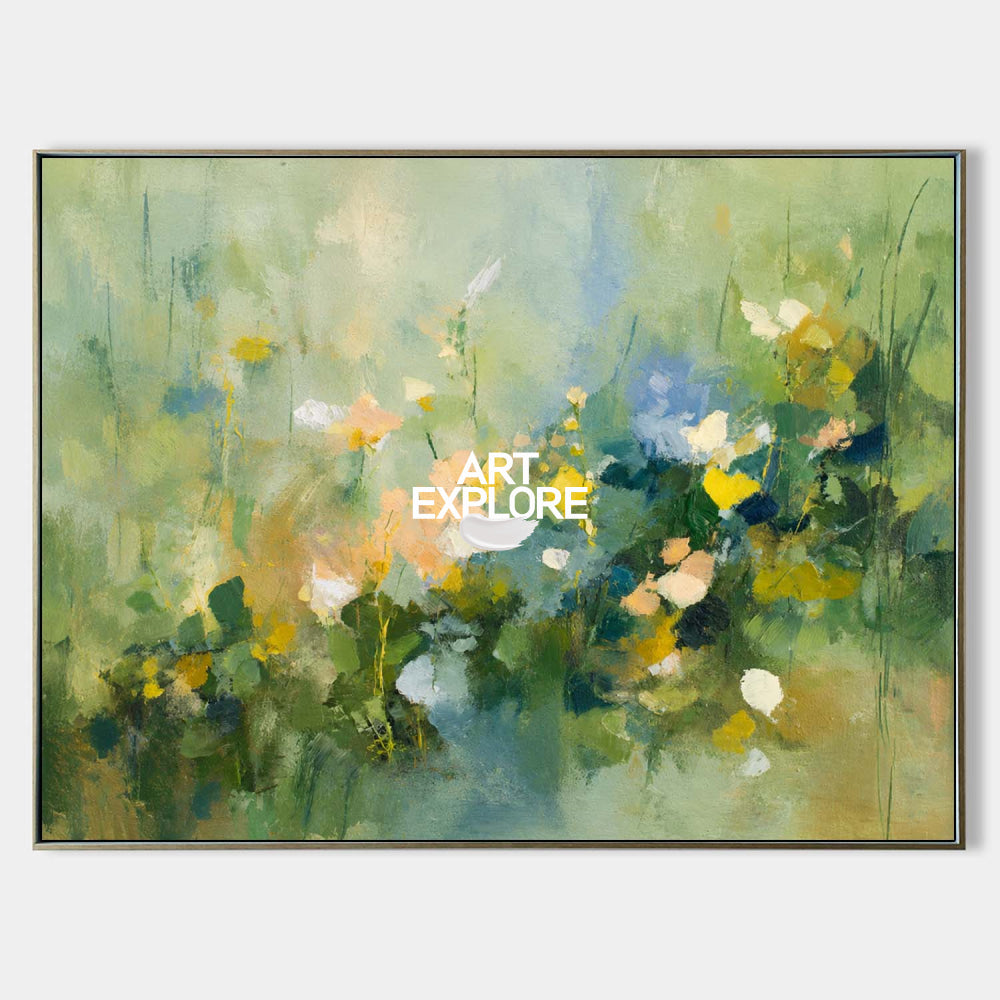Textured Abstract Wildflower Painting In Green And Yellow For Modern Living Room Decor