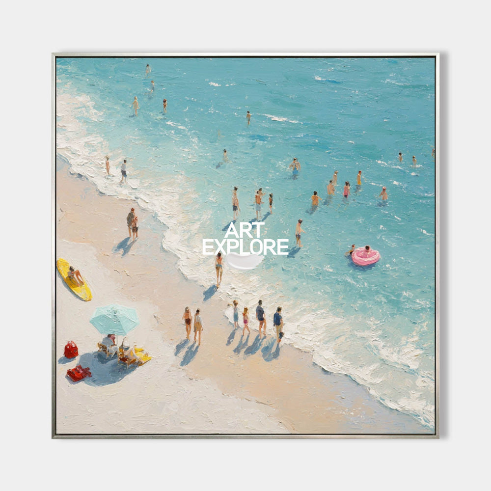 Modern Abstract Beach Painting With Textured Waves For Coastal Living Room Decor