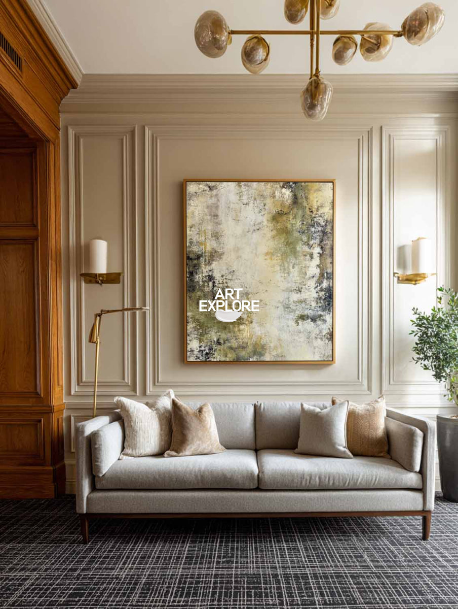Neutral Abstract Masterpiece In Olive And Cream For Quiet Luxury Interior Styling