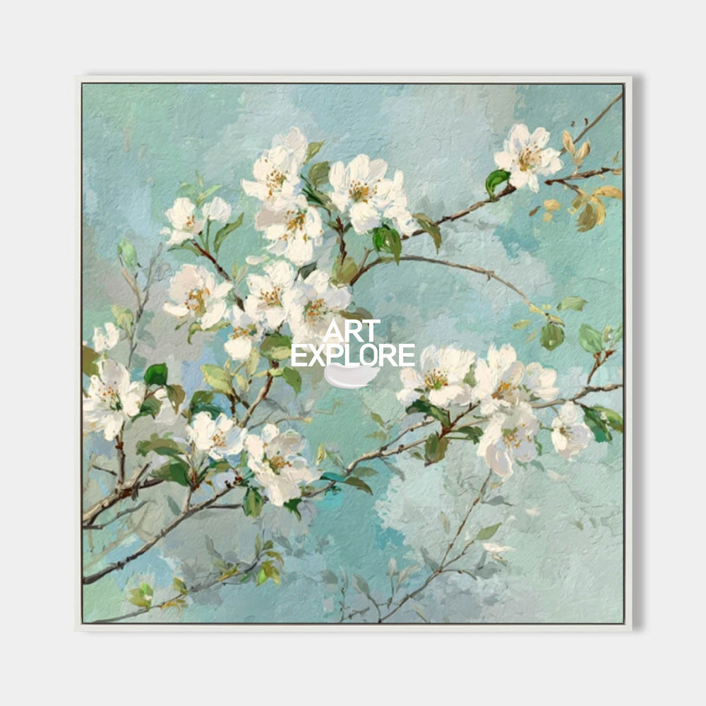 Modern White Blossom Art With Textured Green Leaves For Living Room