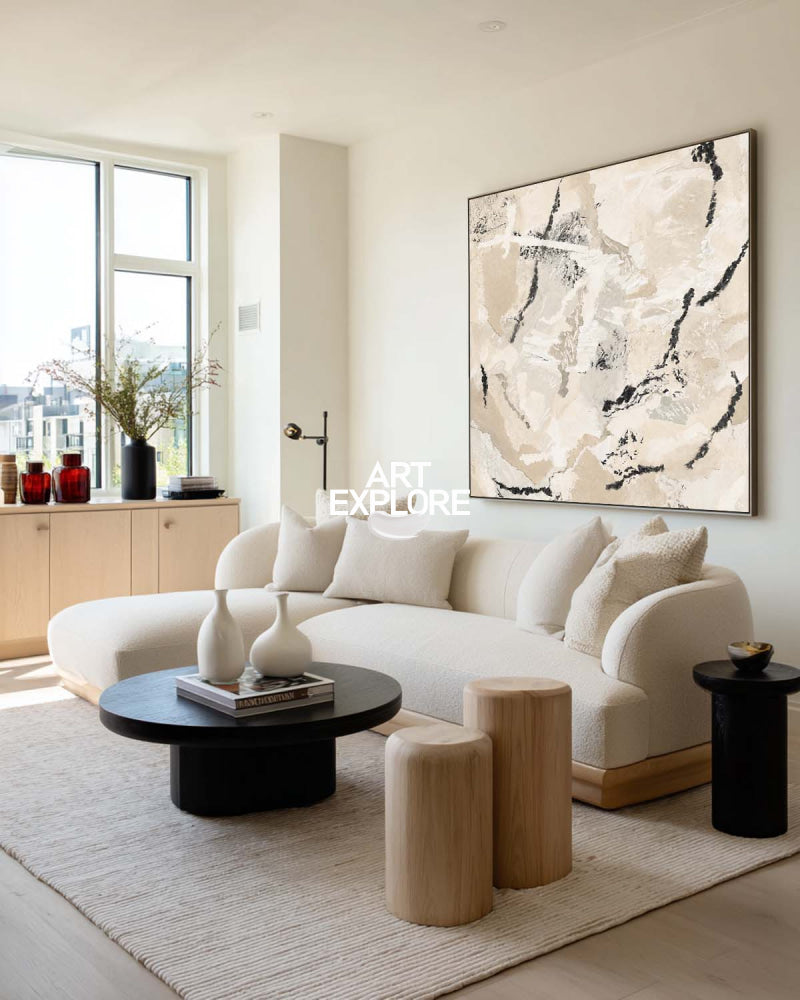 Minimalist Beige Abstract Art With Textured Brushwork For Modern Living Spaces