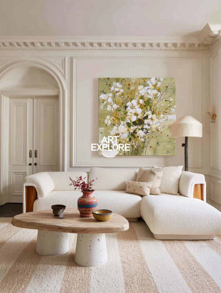 Modern Abstract Floral Painting With Gold Accents For Living Room Decor