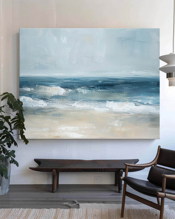 Large Abstract Blue Seascape Paintings On Canvas Modern Blue Textured Beach Canvas Wall Art Painting For Living Room Wall