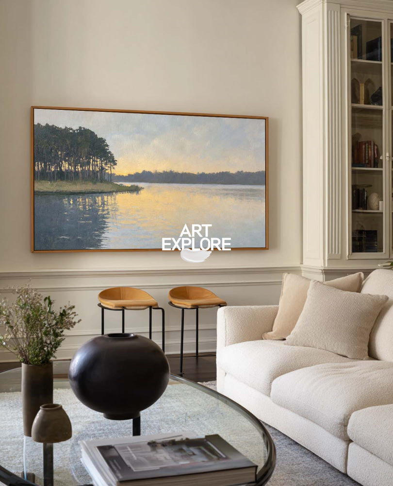 Original Oil Painting Of A Lake At Dusk With Delicate Impressionist Brushstrokes