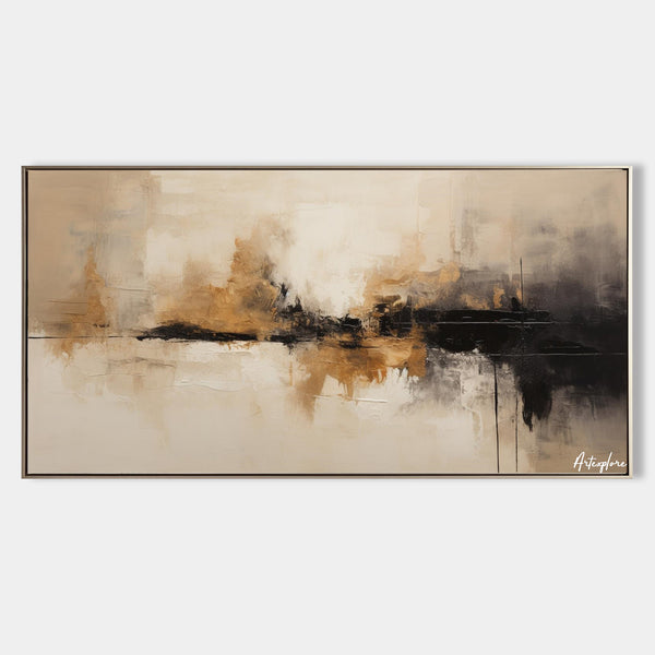 Large tan abstract painting, black beige canvas paintings, soft brush strokes painting for sale