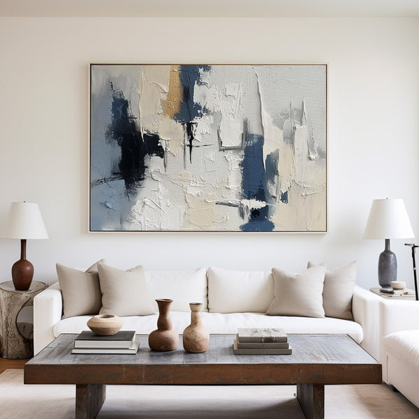 Beige And Blue Textured Modern Plaster  Wall Art Large White Blue Minimalist Canvas Abstract Painting For Sale