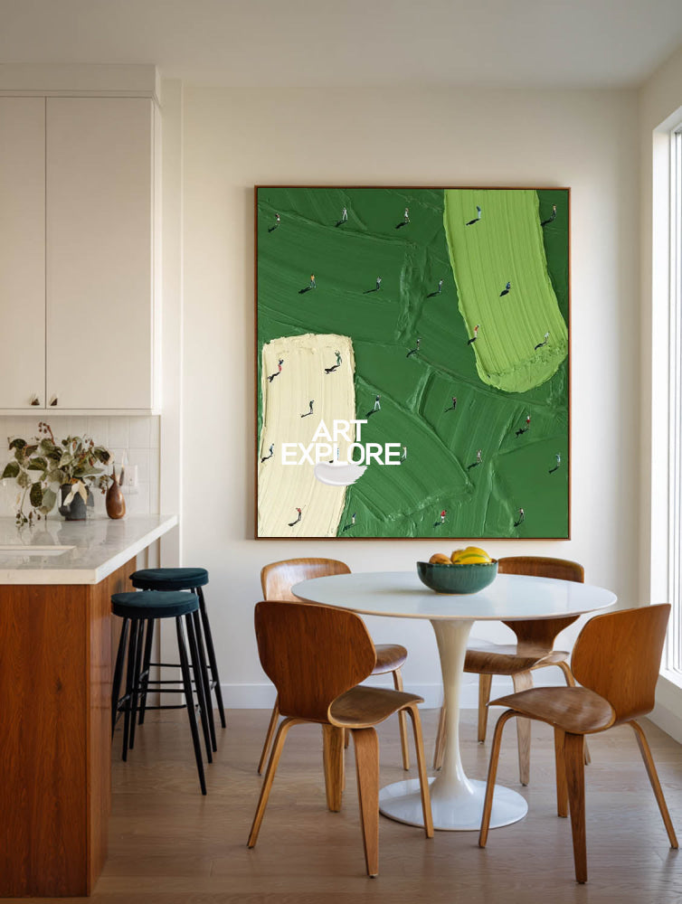 Abstract Golf Course Painting Green Beige Original Art For Living Room And Office Decor