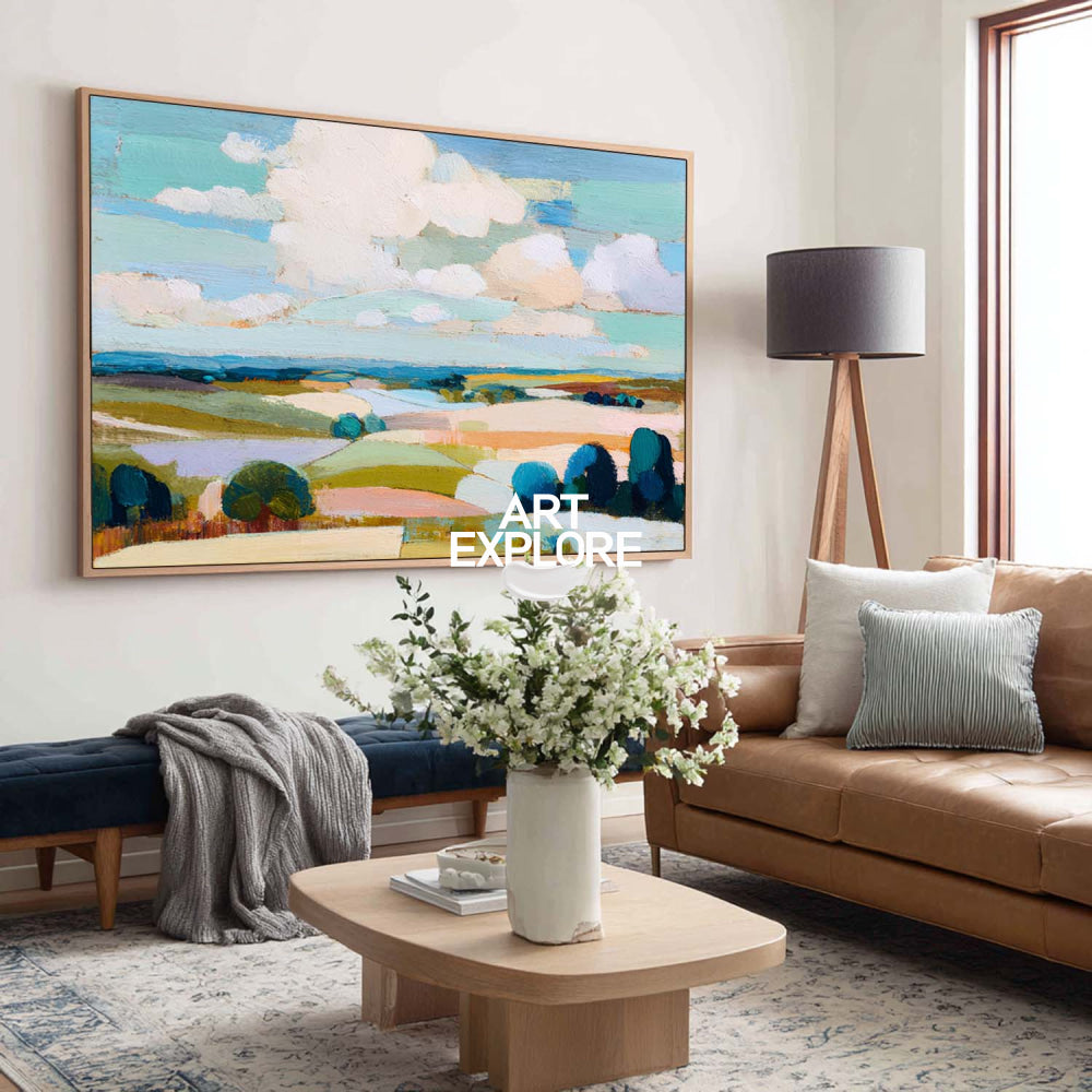 Contemporary Textured Landscape Painting With Blue Green Fields For Modern Home Decor