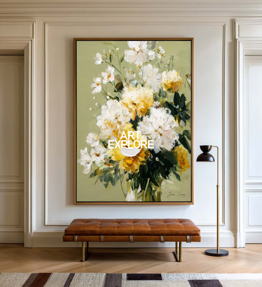 Contemporary Floral Oil Painting White Yellow Flowers Modern Wall Art For Living Room