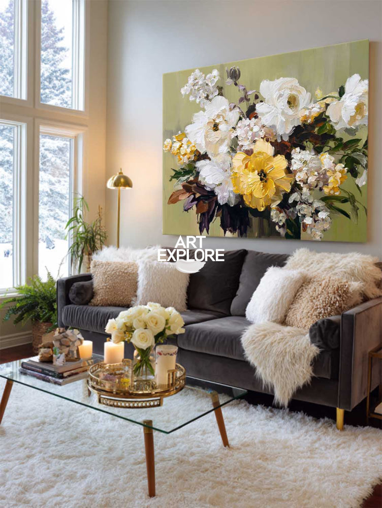 Modern Abstract Floral Oil Painting White Yellow Blossoms Textured Canvas Art For Home
