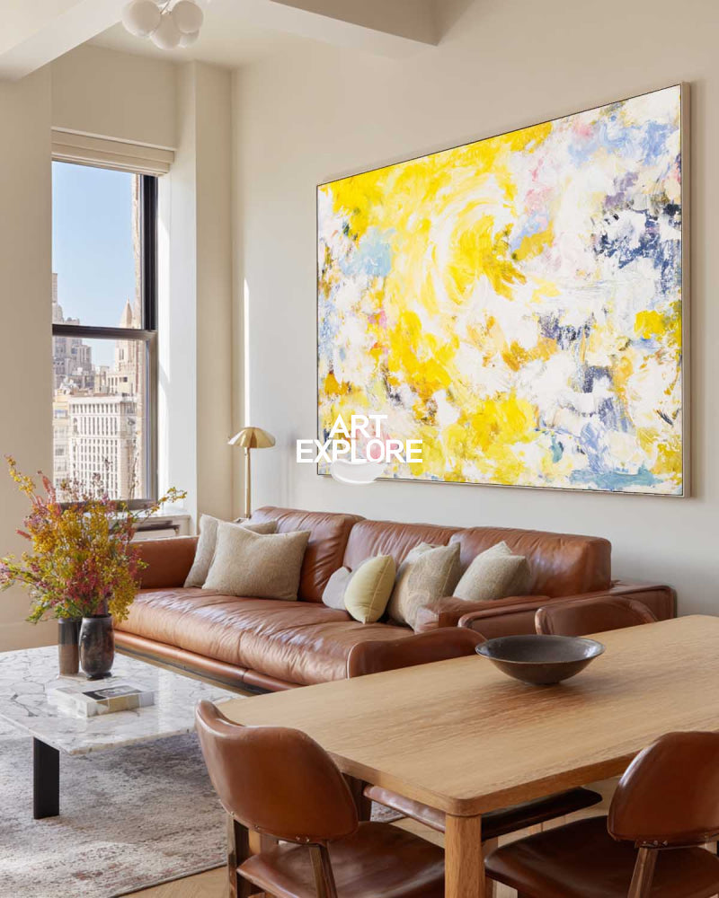Vibrant Yellow Abstract Painting With Textured Brushwork For Modern Living Spaces