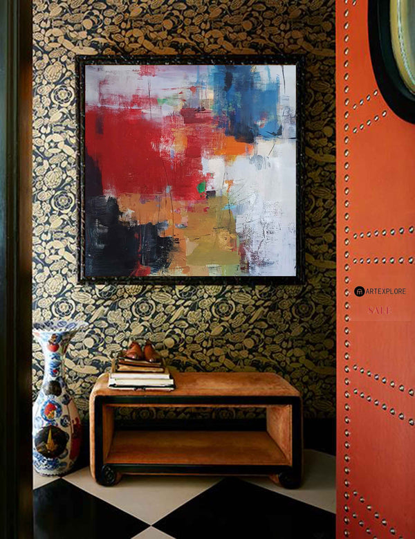 Red Abstract Canvas Art Modern Colorful Canvas Painting Red Square Canvas Painting 