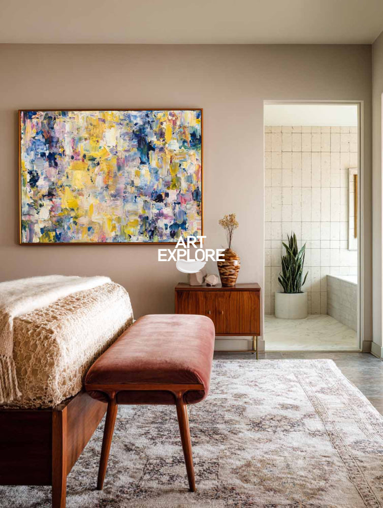 Modern Abstract Oil Painting With Yellow Blue Purple For Living Room Decor