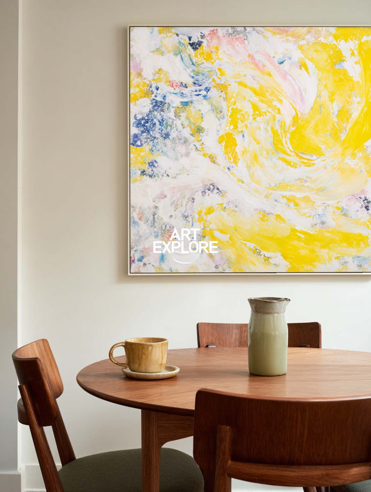 Vibrant Yellow Abstract Painting Modern Square Canvas Art For Living Room Decor