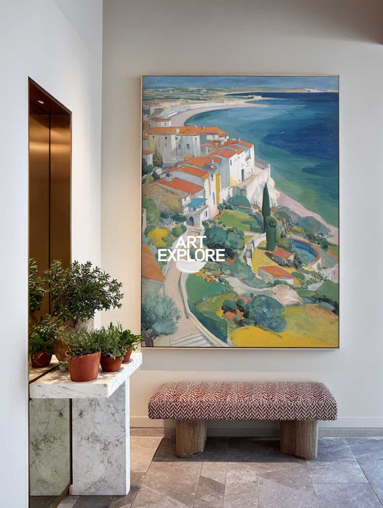 Abstract Coastal Town Seascape Oil Painting On Linen Canvas For Modern Home Decor