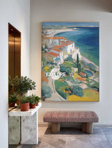 Abstract Coastal Town Seascape Oil Painting On Linen Canvas For Modern Home Decor