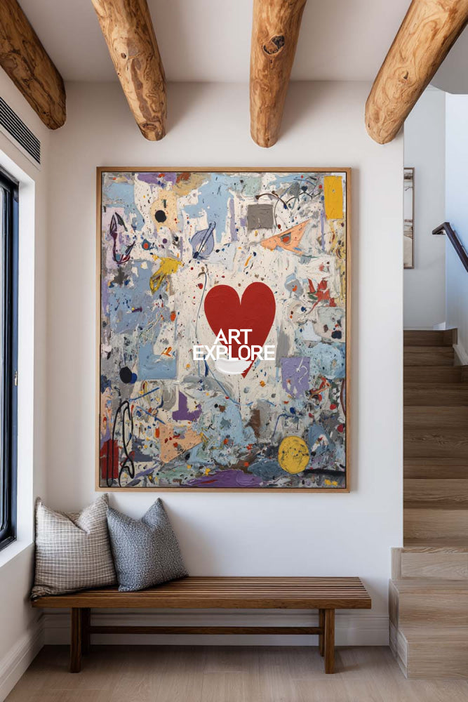 Vibrant Red Heart Abstract Painting Modern Art For Living Room Wall Decor