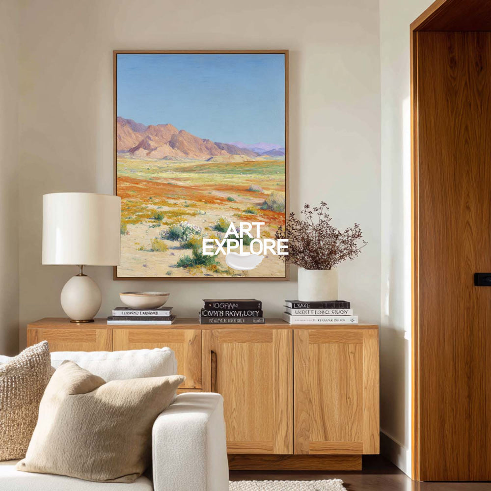 Modern Abstract Desert Mountain Landscape Painting With Wildflowers For Living Room