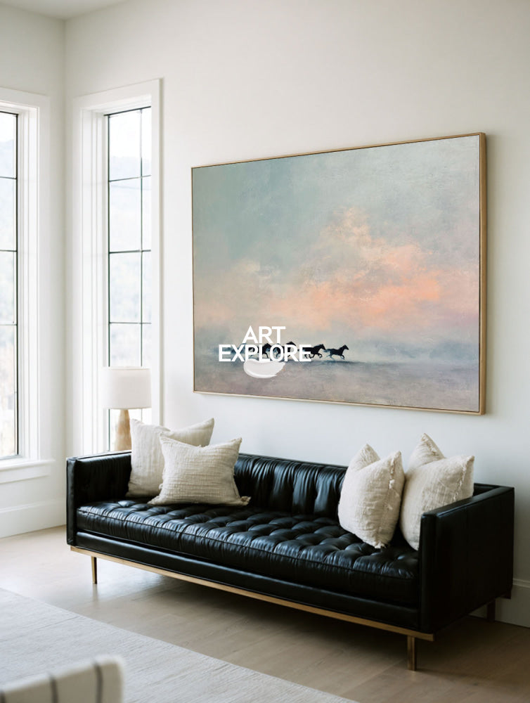 Minimalist Running Horse Painting Textured Blue Grey Wall Art For Living Room