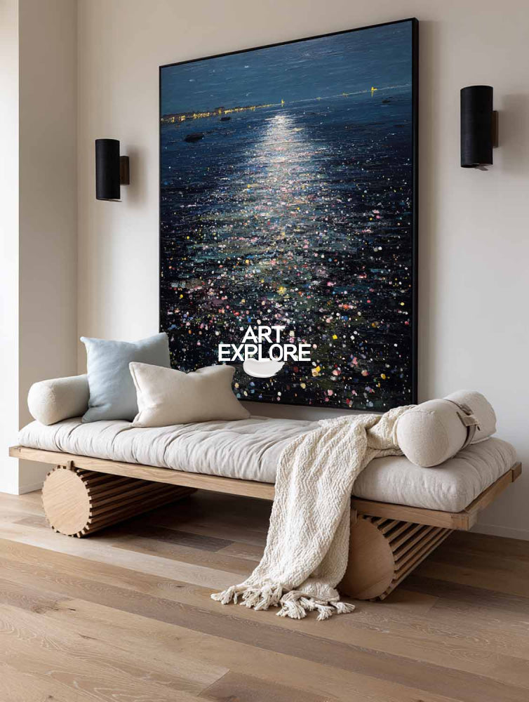 Abstract Moonlit Ocean Painting With Textured Blue Waves For Modern Home Decor
