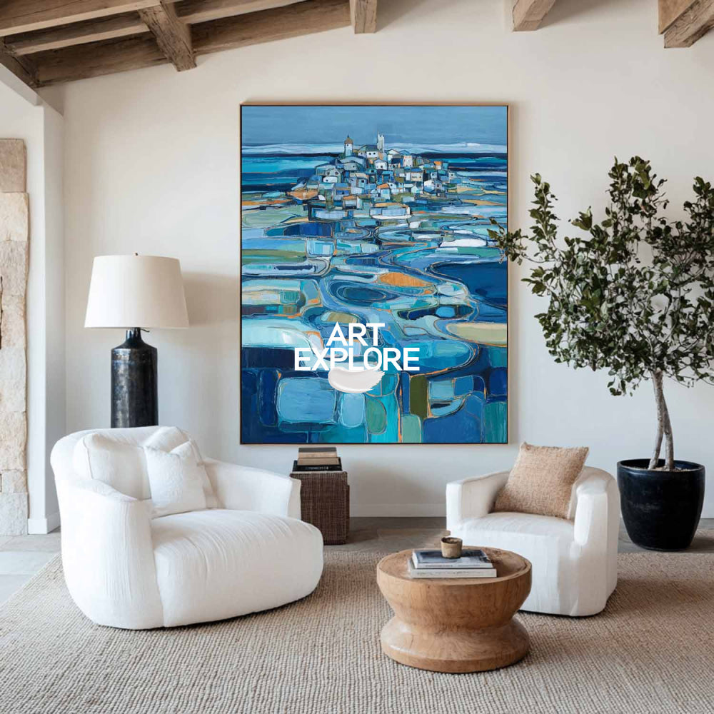 Blue And Orange Abstract Landscape Art With Textured Brushstrokes On Linen Canvas
