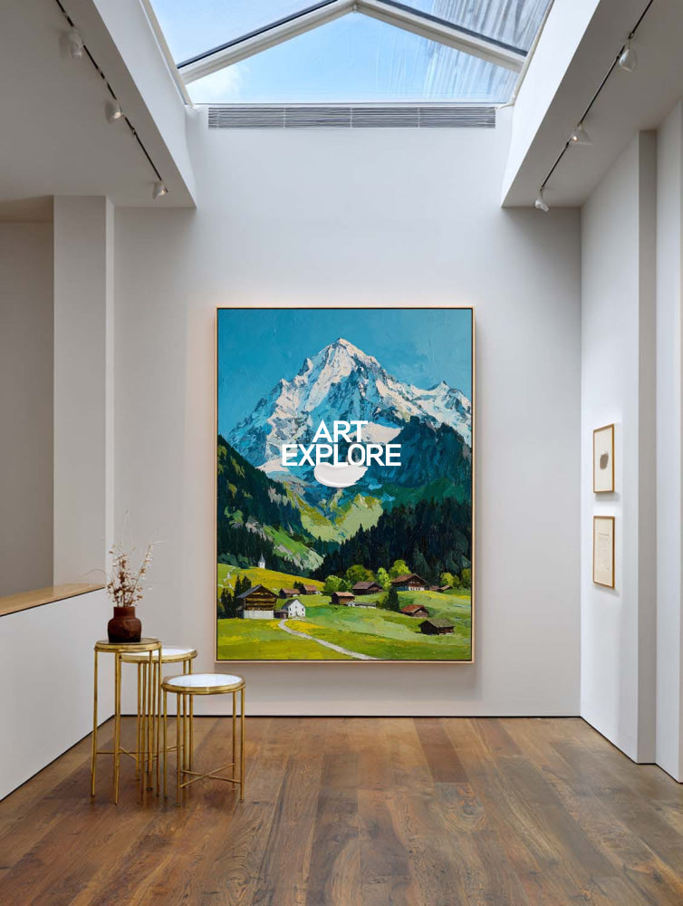 Original Textured Alpine Village Painting With Snow Mountain For Modern Living Room Decor
