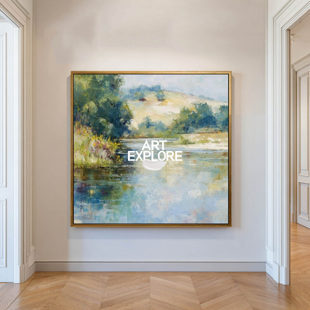 Serene Country River Art Print In Square Format With Soft Blue And Green Tones For Bedroom Wall