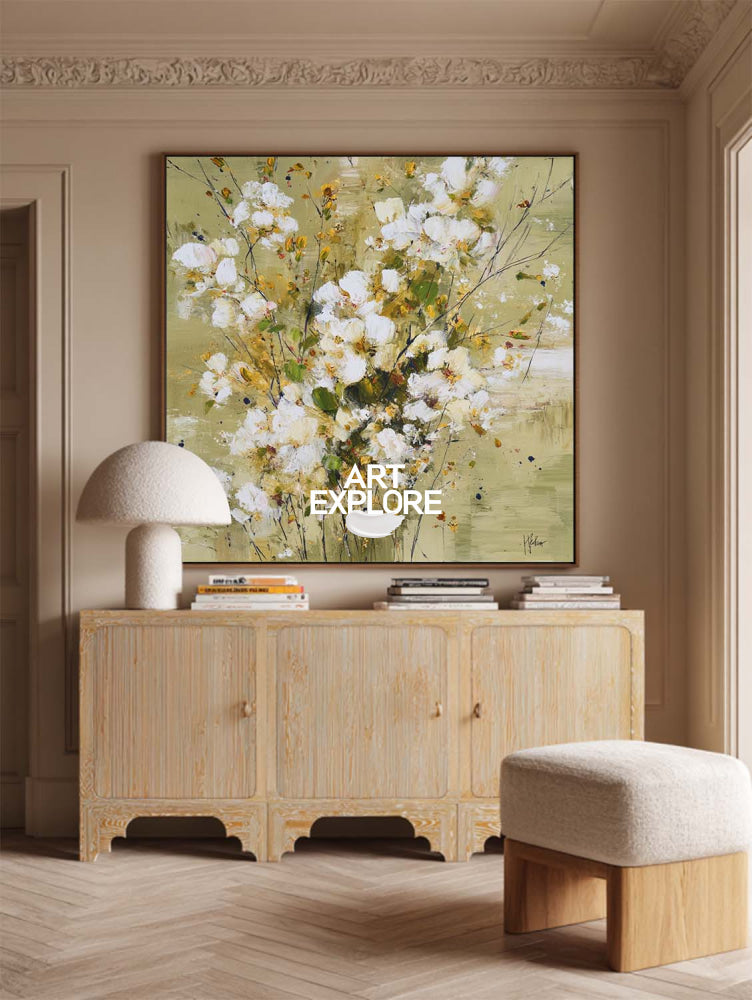 Modern Abstract Floral Painting With Gold Accents For Living Room Decor