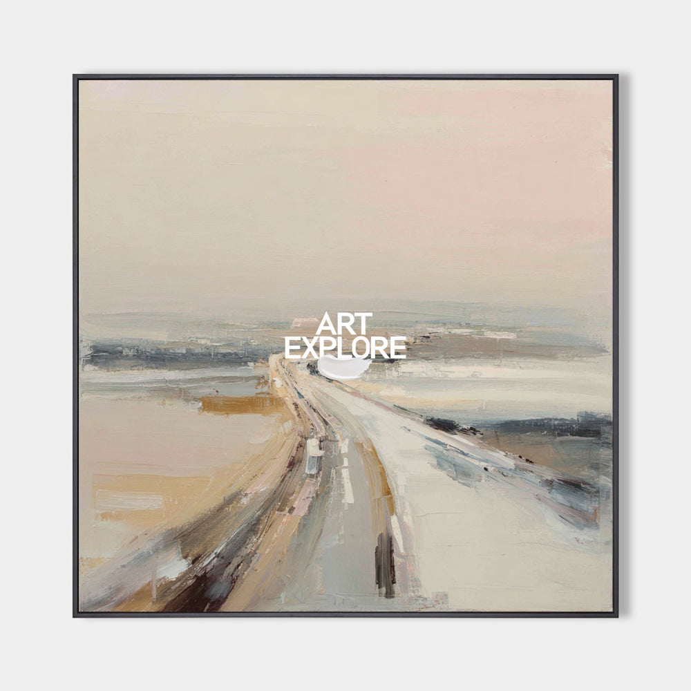 Modern Abstract Road Painting Textured Beige And Grey Square Canvas Art For Living Room