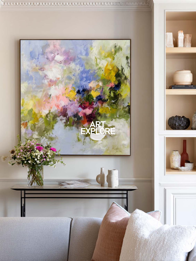 Square Abstract Meadow Painting In Pink Purple Green Yellow Blue For Bedroom Wall Art