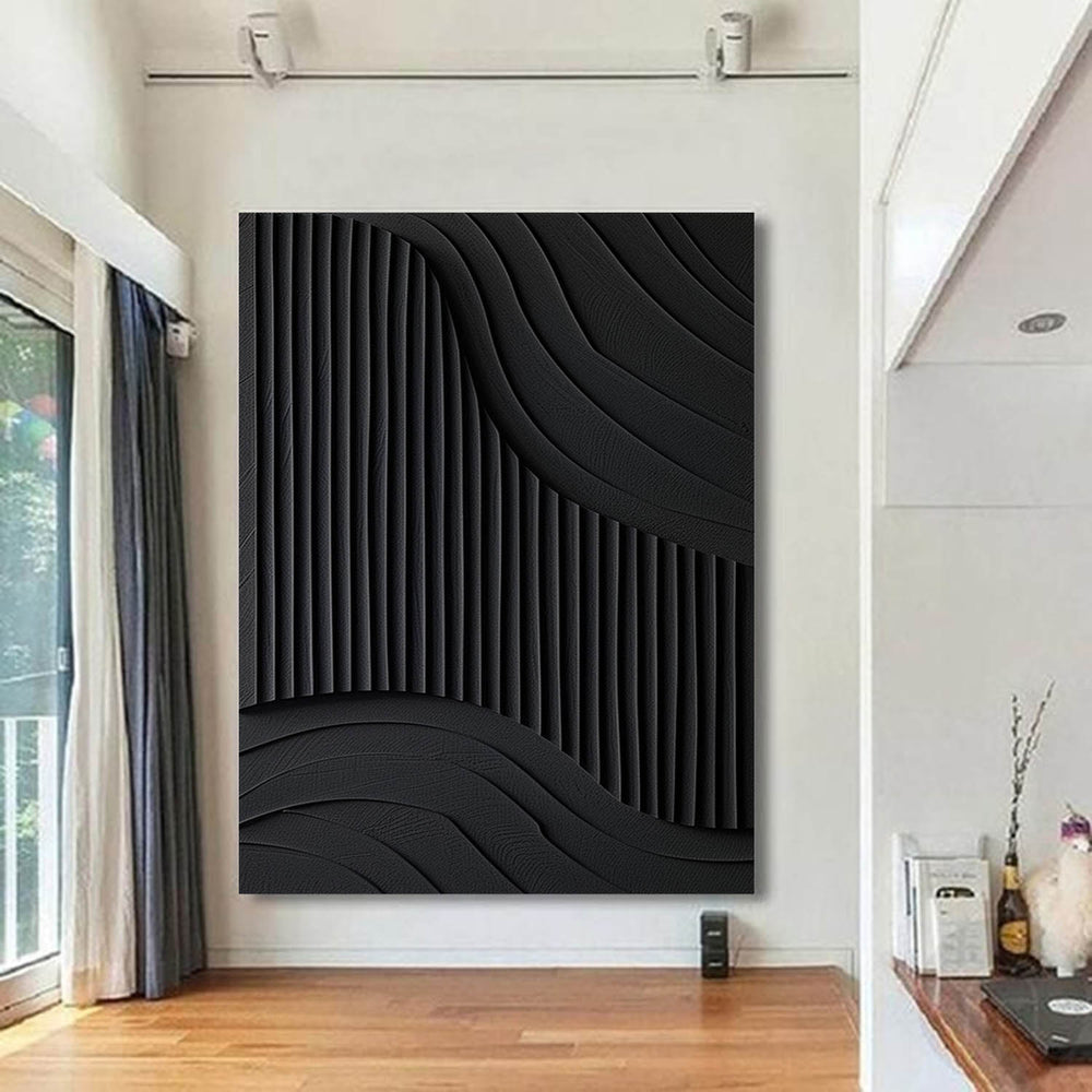 Black 3D Textured Painting Black  Large Plaster Wall Art  Black Minimalist Painting On Canvas
