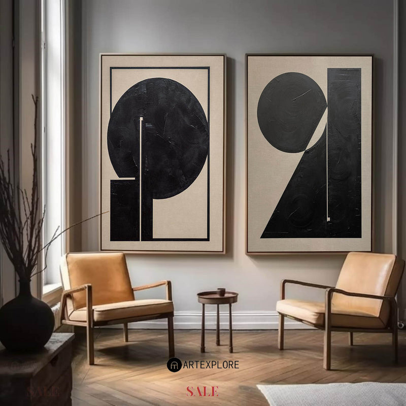 Modern Diptych Black White Minimalist Art Paintings Set of 2 Minimalist Canvas Wall Art