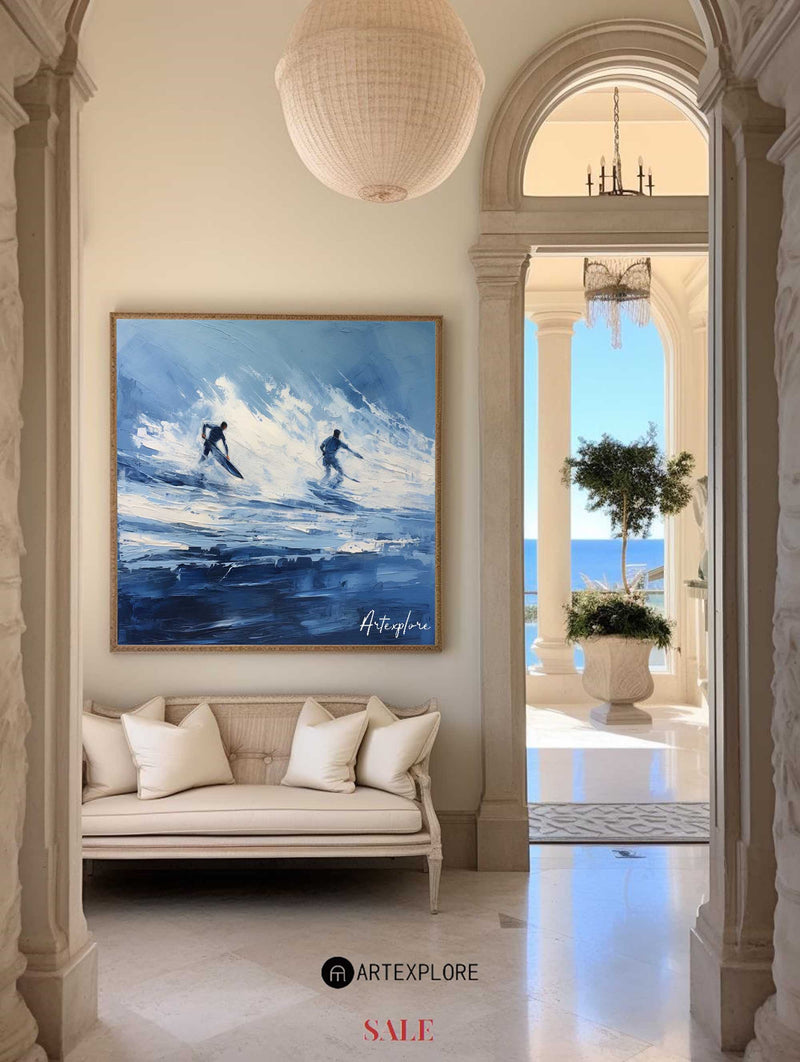 Original Blue Ocean Wave Wall Art Paintings Blue Surf Canvas Wall Art Modern Texture Painting 