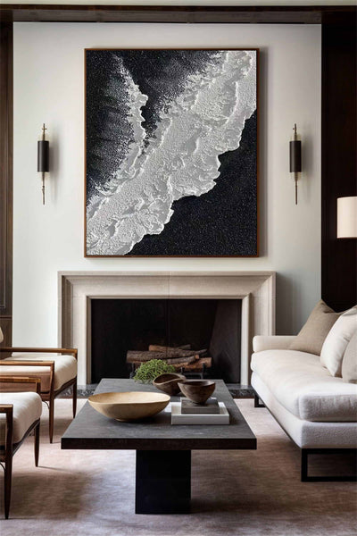Black And White Plaster Painting Black Seashore Wall Art Painting Plaster Textured Art Painting