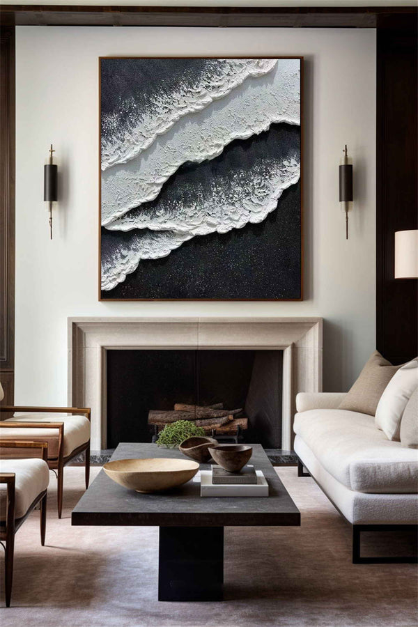 Black And White Plaster Painting Black Seashore Wall Art Painting Plaster Textured Art Painting
